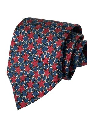 Hermès Silk Tie Red Blue Geometric Classic Design Made in France